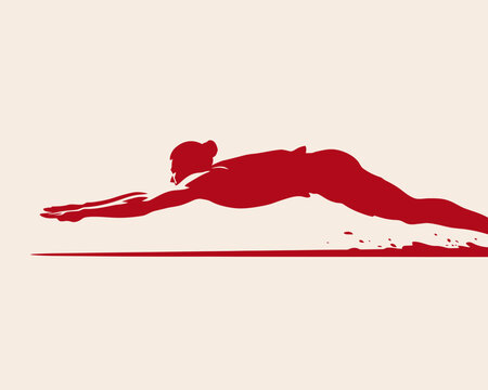 Minimalist red silhouette of a person diving into water with streamlined form