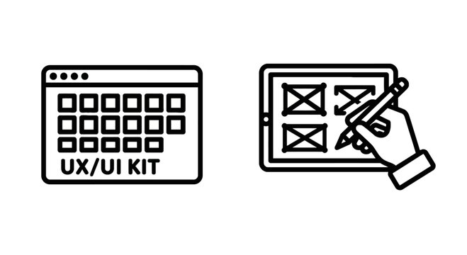 Ux UI kit and tablet screen design sketching icons with wireframe prototyping interface software development application technology experience