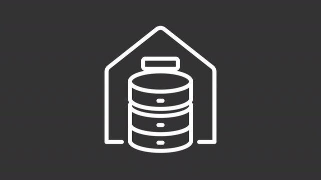 Centralized storage system white line animation. Enterprise data repository animated icon. Shaking server with blinking signals. Isolated element on dark background. Alpha transparent video