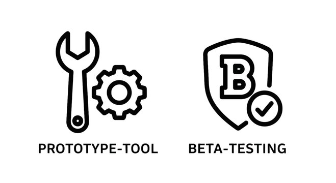 Prototype tool and beta testing linear icons set with prototype development software engineering assurance maintenance interface innovation