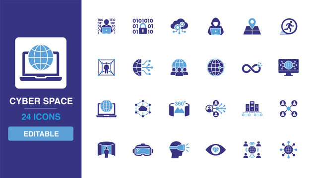 Cyber Space icon set showcasing virtual reality worlds, global network grids, online security shields and cloud hosting database connections