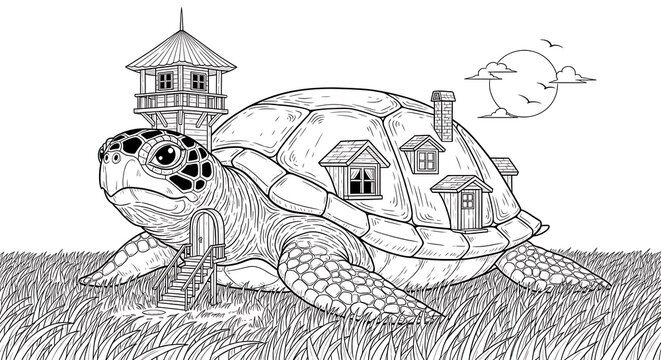 Whimsical line art illustration of a giant turtle carrying houses on shell