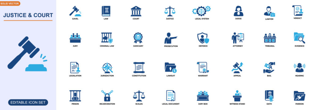 Justice and court icon set for legal system and criminal law applications. Courtroom, judge, lawyer, verdict, jury, gavel, investigation, legislation. Editable icons collection. Vector.