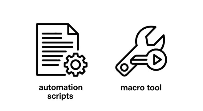 Set of line icons representing automation scripts and macro tools for computer productivity with automation productivity computing software
