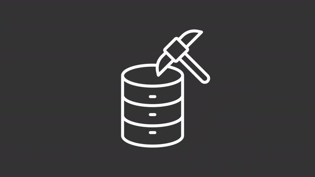 Data mining white line animation. Database extraction techniques animated icon. Moving pickaxe. Digits showing up. Advanced analytics. Isolated element on dark background. Alpha transparent video