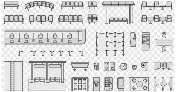 Train Station Floor Plan Symbols Vector Collection | Platform Benches and Ticket Counter Layout