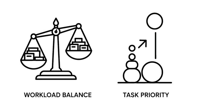 Productivity and time management icons showing workload balance and task priority with workload priority productivity management business