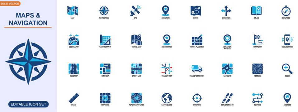 Maps and navigation icon set for web and apps. GPS routing, location tracking, route planning, compass, atlas, cartography, travel map, directions. Editable icons collection. Vector.