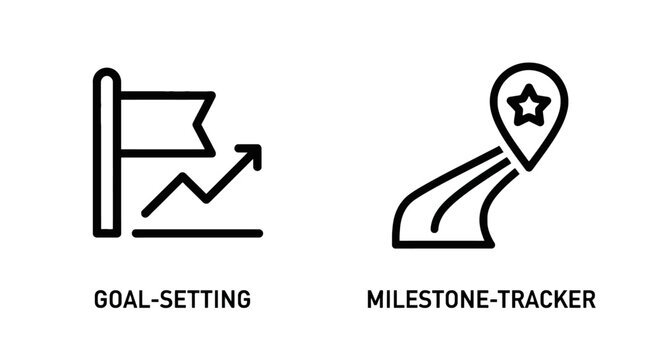 Goal setting and milestone tracking line icons with milestone achievement progress business planning strategy objective location navigation