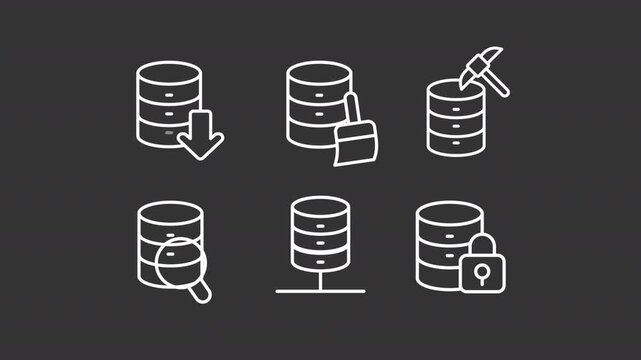 Modern database management systems animation set. Data infrastructure animated white line icons. Enterprise software design. Isolated elements on dark background. Alpha channel HD video