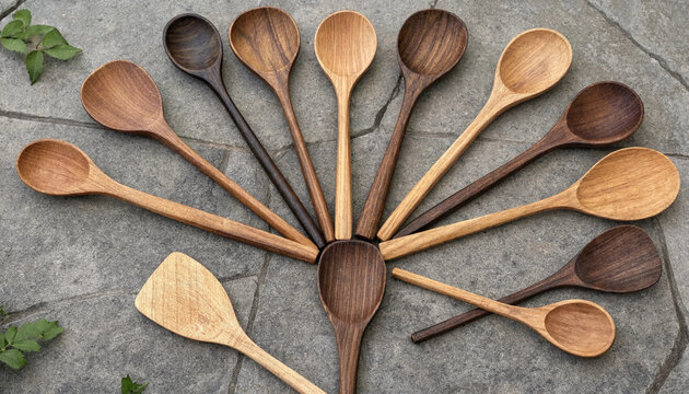 Collection of various wooden spoons and a spatula arranged in a fan shape on a textured stone surface, showing different wood grains and tones
