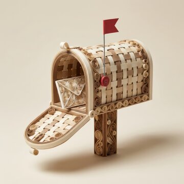 Woven mailbox with a letter. Decorative craft postbox for mail delivery.