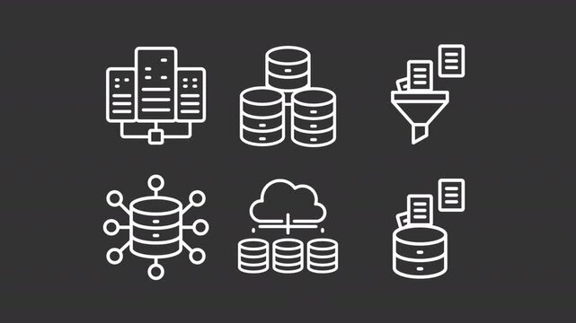 Advanced data storage animation set. Cloud architecture animated white line icons. Scalable hosting for enterprise networks. Isolated elements on dark background. Alpha channel HD video