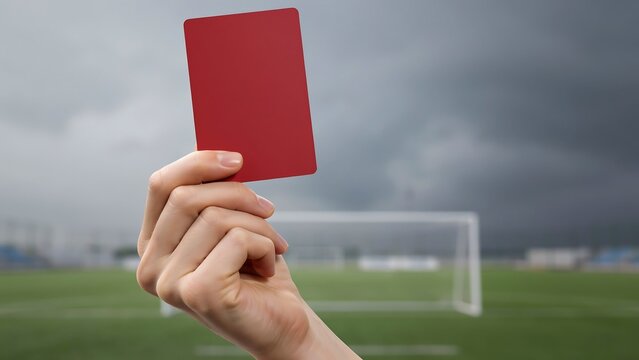 A hand holds up a red card on a soccer field with a goal post.