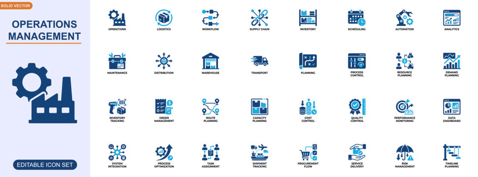 Operations management icon set for workflow control and supply chain coordination. logistics, planning, inventory, scheduling, automation, analytics. Editable icons collection. Vector.
