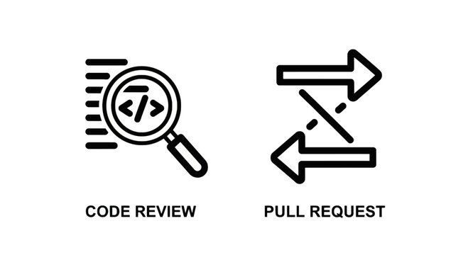 Software development icons for code review and pull request with programming development software engineer technology magnifying transfer