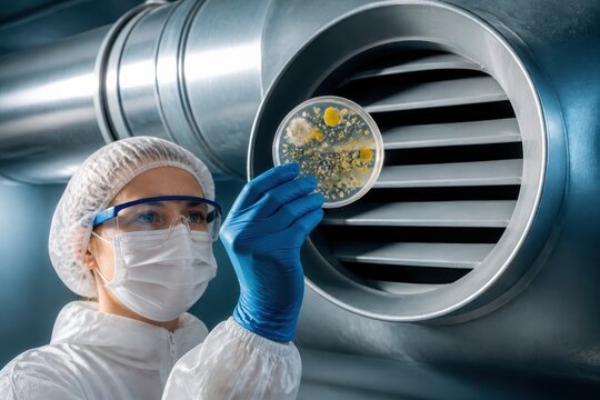 Microbiology technician testing air quality in a cleanroom ventilation system