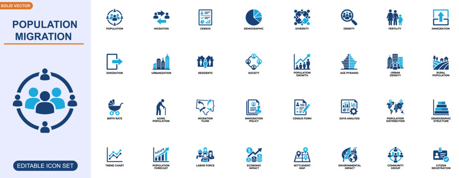 Population migration and census demographics icon set. population, migration, census, urban density, diversity, fertility, immigration. Editable icons collection. Vector.