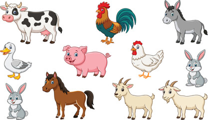 Fototapeta premium Cute Cartoon Farm Animal Vector Set Featuring Cow Horse Pig Rooster Chicken Goat Donkey and Rabbit Characters Isolated on White Background for Children Graphic Design