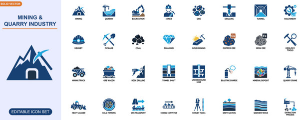 Mining and quarry industry icon set. mining, excavation, miner tools, heavy machinery, ore processing, underground tunnel, geology, drilling equipment. Editable icons collection. Vector. © Senoara Studio