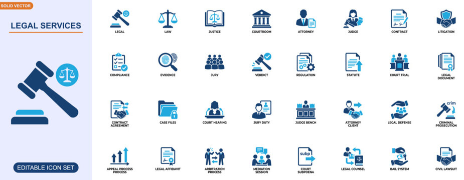 Legal services icon set. Law, justice, courtroom, attorney, judge, contract, litigation, compliance, evidence, jury, verdict. Editable icons collection. Vector.