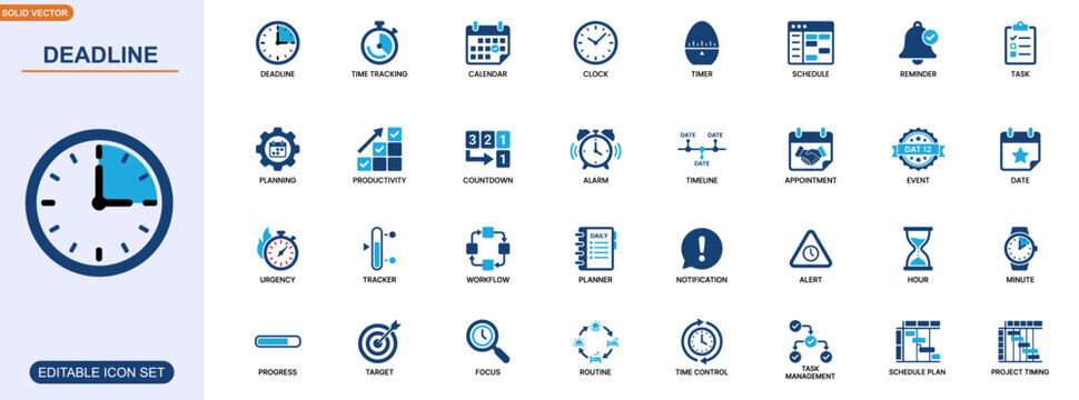 Deadline and time management icon set. deadline, time tracking, calendar, clock, reminder, schedule, timer, task planning, productivity workflow. Editable icons collection. Vector.