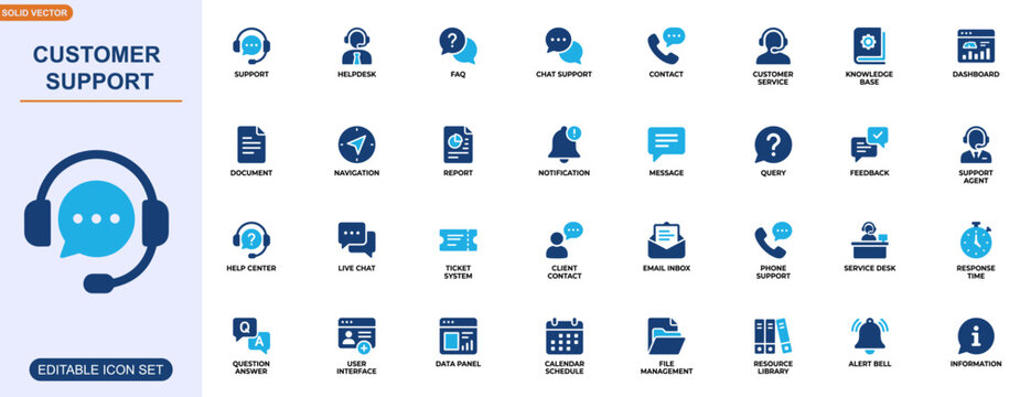 Customer support and information web icon set. Helpdesk, FAQ, chat support, contact center, knowledge base, dashboard, documents, navigation, reports, notifications. Editable icons collection. Vector.