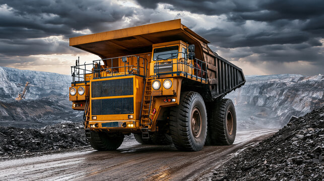 Massive yellow mining dump truck drives on a dirt road in a vast open-pit mine under a stormy sky. Conceptual image of heavy industry and resource extraction.