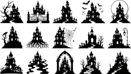 Fototapeta premium Spooky silhouette collection haunted houses graveyards and halloween night scenes for design projects