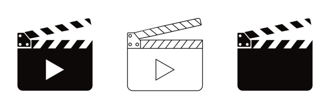 Movie Clapperboard Icon Set in Solid, Outline and Hand Drawn Styles for Film Production, Cinema and Media
 Vector Illustration