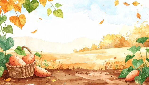 秋の芋掘りとさつまいもの水彩イラスト背景 コピースペース付き
