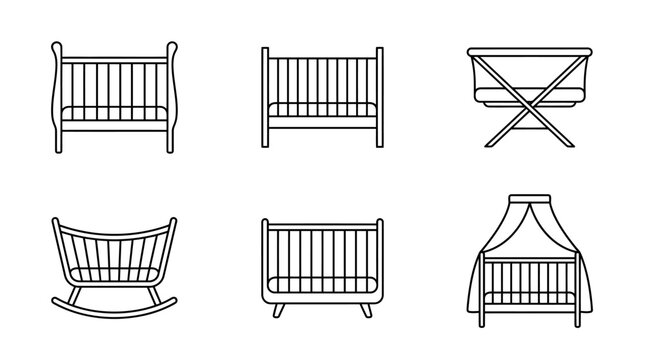 Set of baby cribs and bassinets icons for nursery design