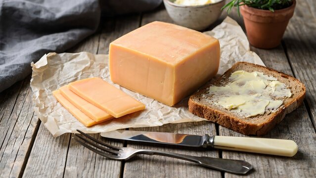 A block of cheese and sliced cheese on brown paper with bread and utensils