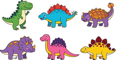 Cute Cartoon Dinosaur Character Vector Set Featuring Tyrannosaurus Rex Triceratops and Stegosaurus Isolated on White Background for Children Graphic Design © Hazara