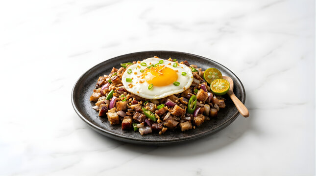 Authentic Filipino Sisig Dish Served with Fried Egg and Calamansi on a Marble Tabletop with Soft Lighting
