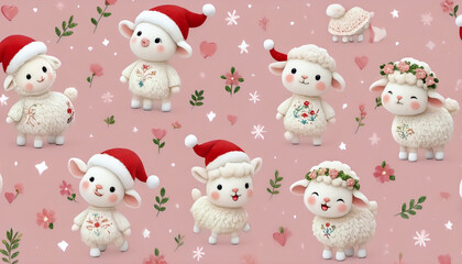 Obraz premium Cute Plush Sheep in Santa Hats and Floral Crowns Seamless Pattern on Pink Background