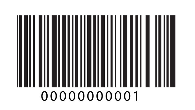 Standard universal barcode symbol with numerical sequence 000000000001 identification scanning tracking business commerce inventory marketing logistics consumer shopping information