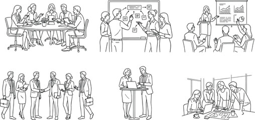 Fototapeta premium Business people corporate meeting conference and collaboration line icon set including team handshake presentation workspace and discussion illustration.
