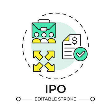IPO multi color concept icon. Business become public. Type of public offering and market entry. Round shape line illustration. Abstract idea. Graphic design. Easy to use in blog post