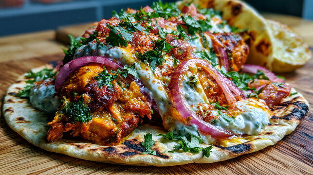 A delicious chicken shawarma or tikka kebab served on warm flatbread with fresh herbs and yogurt sauce. Ideal for a vibrant restaurant menu advertisement.