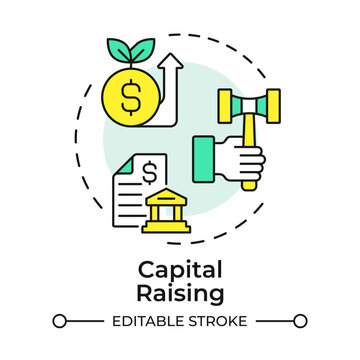 Capital raising multi color concept icon. Obtain significant funding. Companies becoming public causes. Round shape line illustration. Abstract idea. Graphic design. Easy to use in blog post