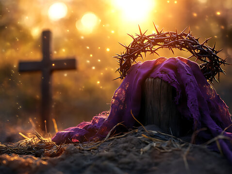 A crown of thorns hanging on a rough wooden pole, a flowing purple robe falling beneath it, a warm sunset at golden hour illuminating the scene with a shimmering light, dusty ground and scattered stra