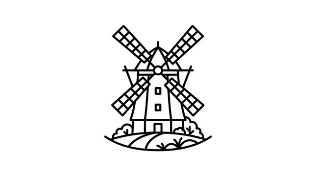 A black line drawing depicts a windmill standing on a hill with blades.