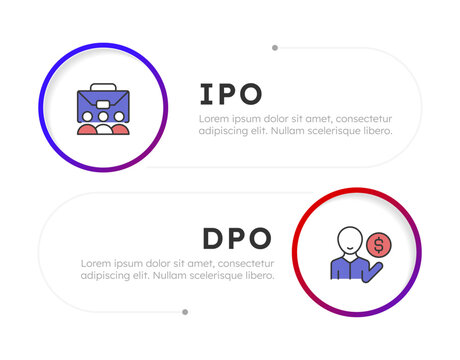 Types of public offering and market entry infographic 2 steps. Transition business from private ownership to public. Flow chart infochart template. Editable vector info graphics with ico