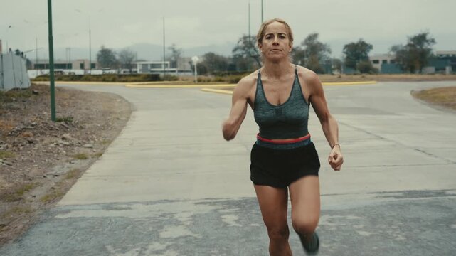 Female runner approaching camera on empty road with distant hills on horizon