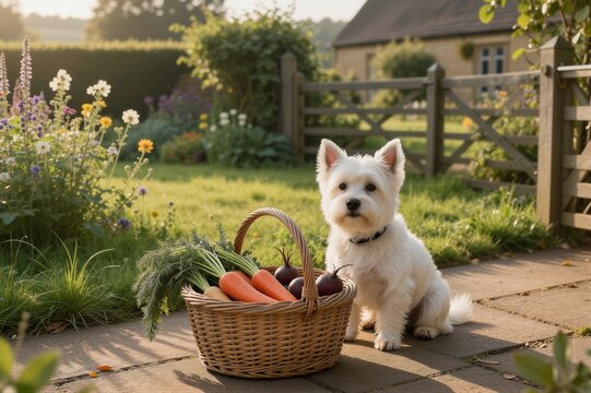 A West Highland White Terrier sits beside a wicker basket filled with fresh produce in a meticulously arranged garden under warm golden-hour sunlight.
