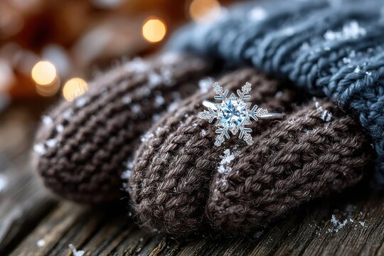 Snowflake Ring on Knitted Mittens with Winter Lights