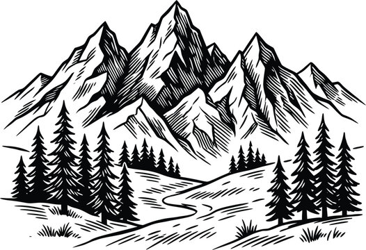 Vintage mountain landscape engraving with pine trees and winding stream