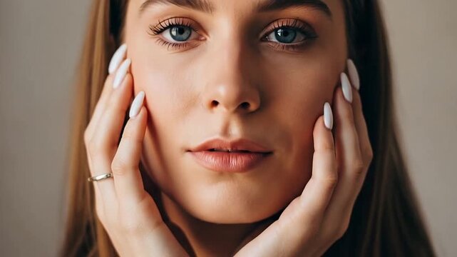 A young woman touches her face with manicured white fingernails