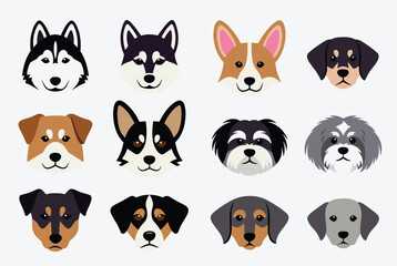 Naklejka premium Collection of flat vector dog head icons representing different popular breeds like husky, corgi, and terrier.